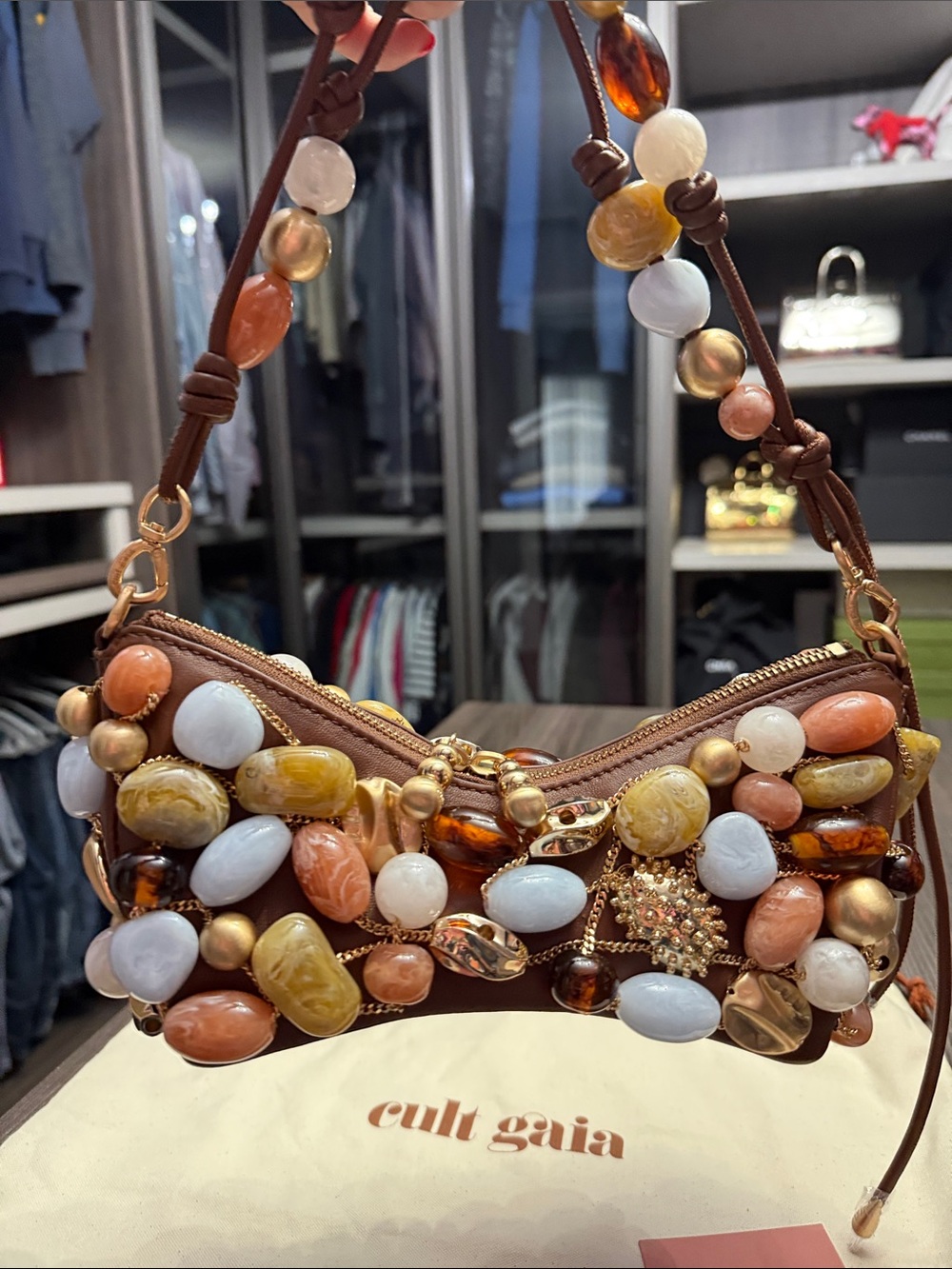 cult gaia Brown Shoulder Bag with Multicolor Bead Embellishments - Picture 6 of 8